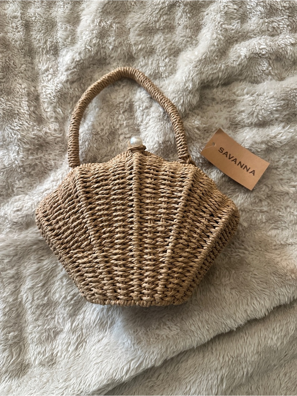 Savannah Tan Woven Shell Mini Bag with Pearl Clasp